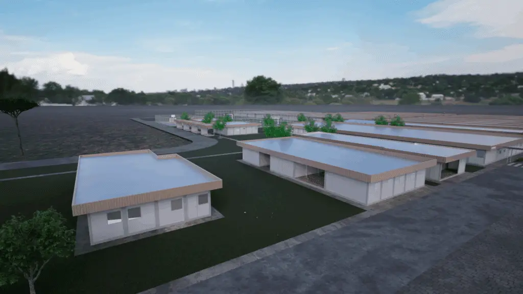 Cidade modular desenvolvida pela Opus Construtech em Inocência (MS), destacando a estrutura integrada e sustentável dos módulos.