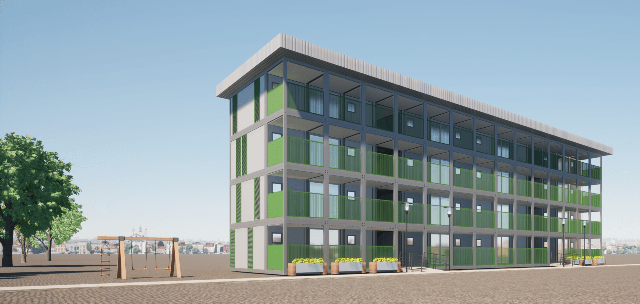 Projeto de construção modular multipavimentos. A estrutura configura um prédio habitacional com módulos empilhados, sacadas integradas e acabamento cinza e verde.
