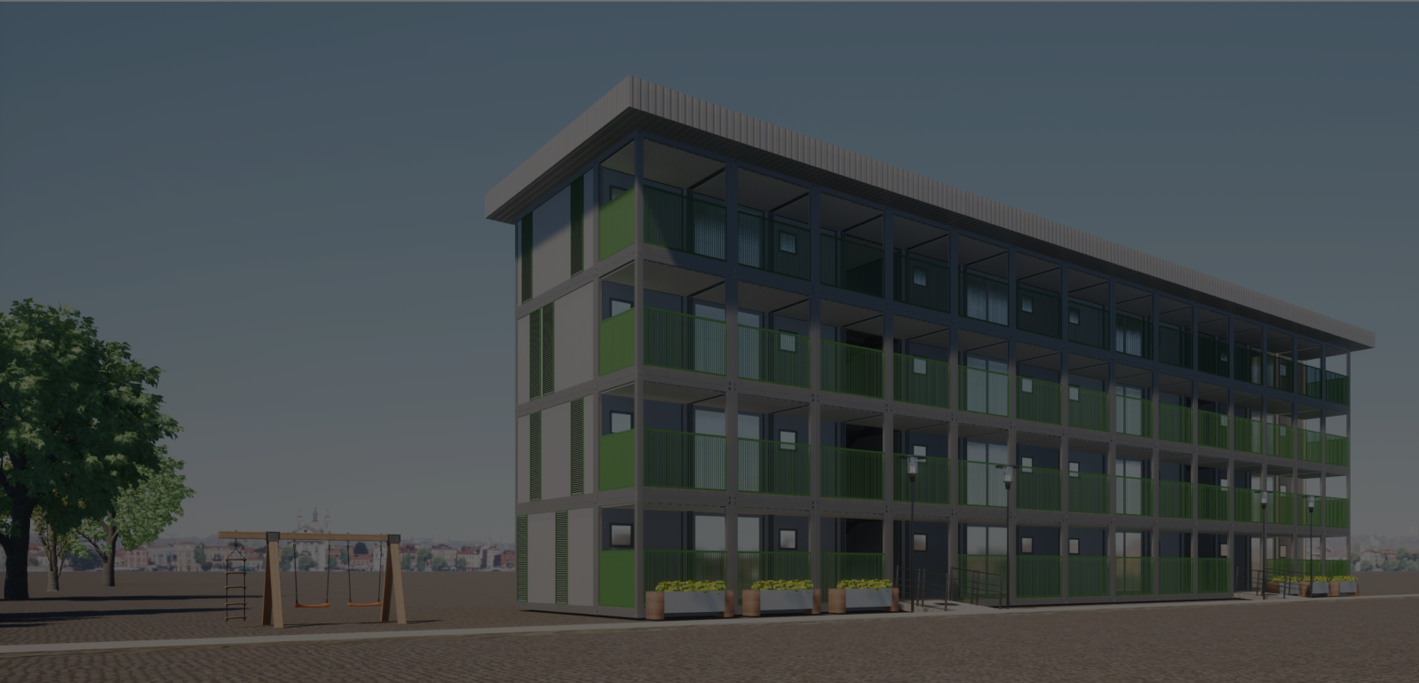 Edifício residencial de quatro andares desenvolvido com a construção modular. O projeto conta com varandas verdes e área de lazer externa.