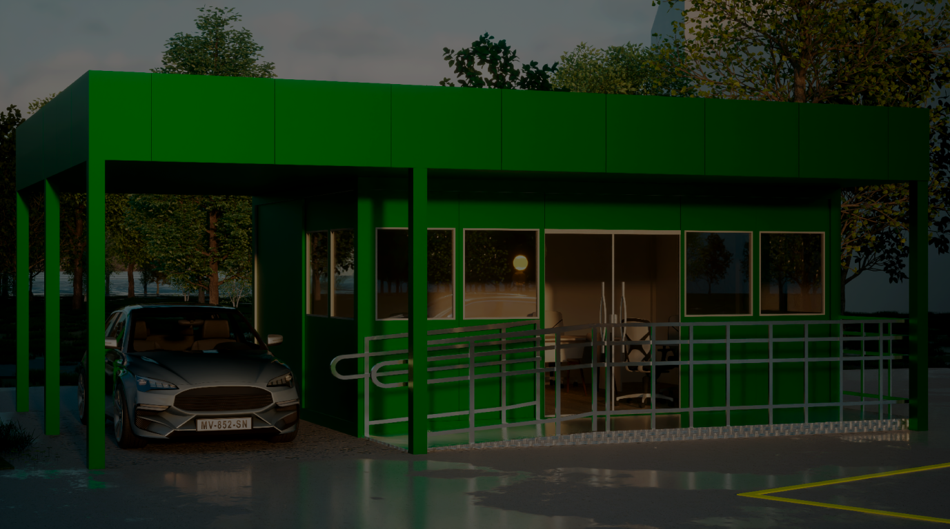 Projeto de escritório modular verde da Opus com rampa de acessibilidade e estacionamento coberto.