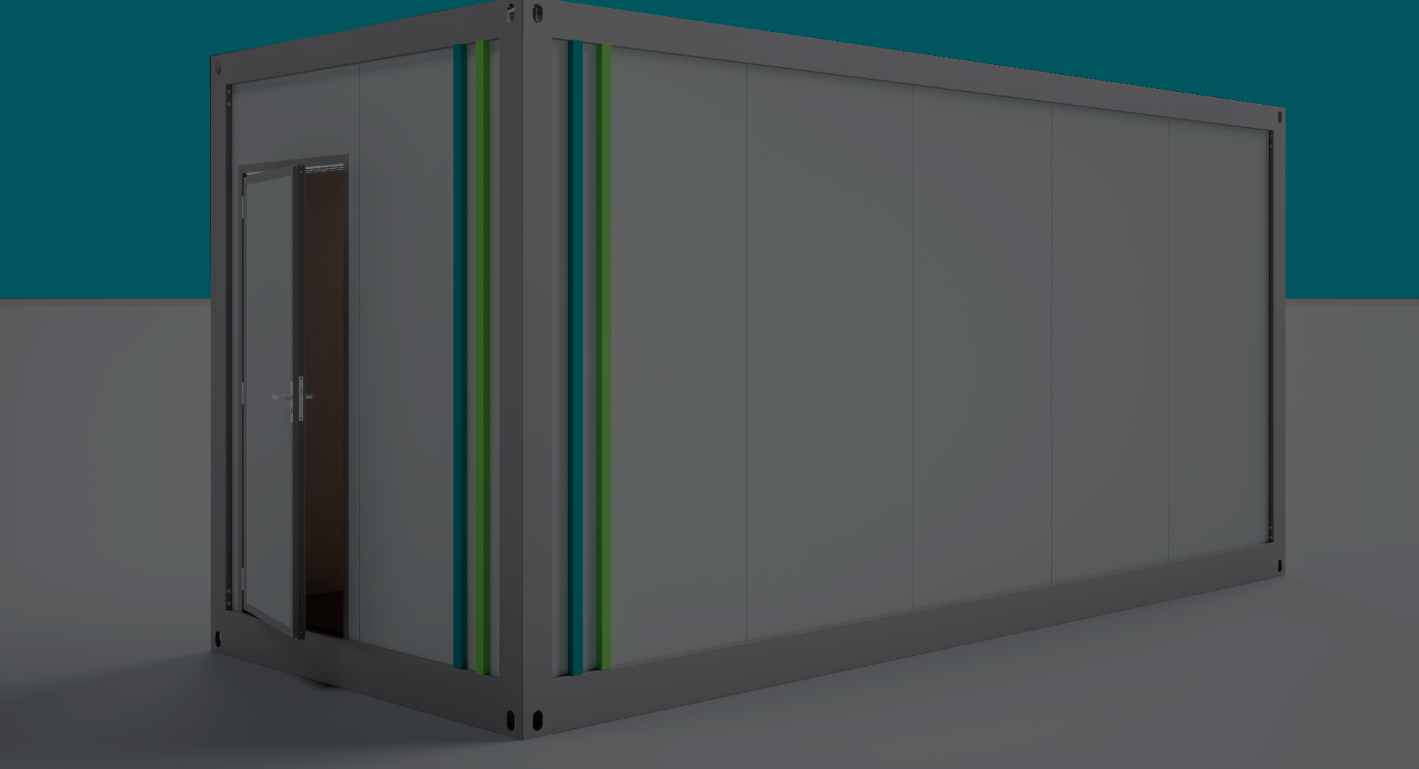 Renderização 3D de módulo habitacional padrão com estrutura cinza e listras azul e verde.