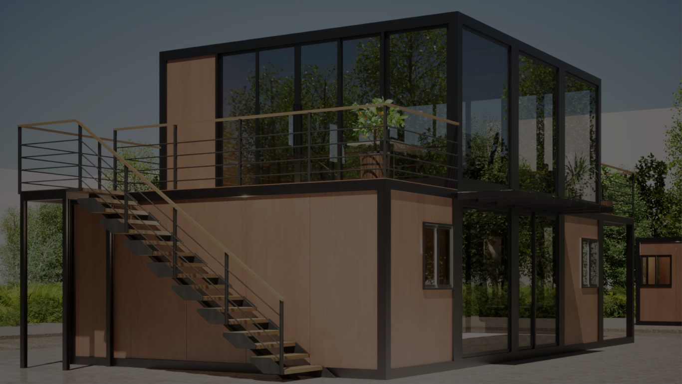 Projeto de construção modular de dois pavimentos. A estrutura premium integra fachada de vidro no andar superior, painéis amadeirados no térreo e escada de acesso para um terraço externo.