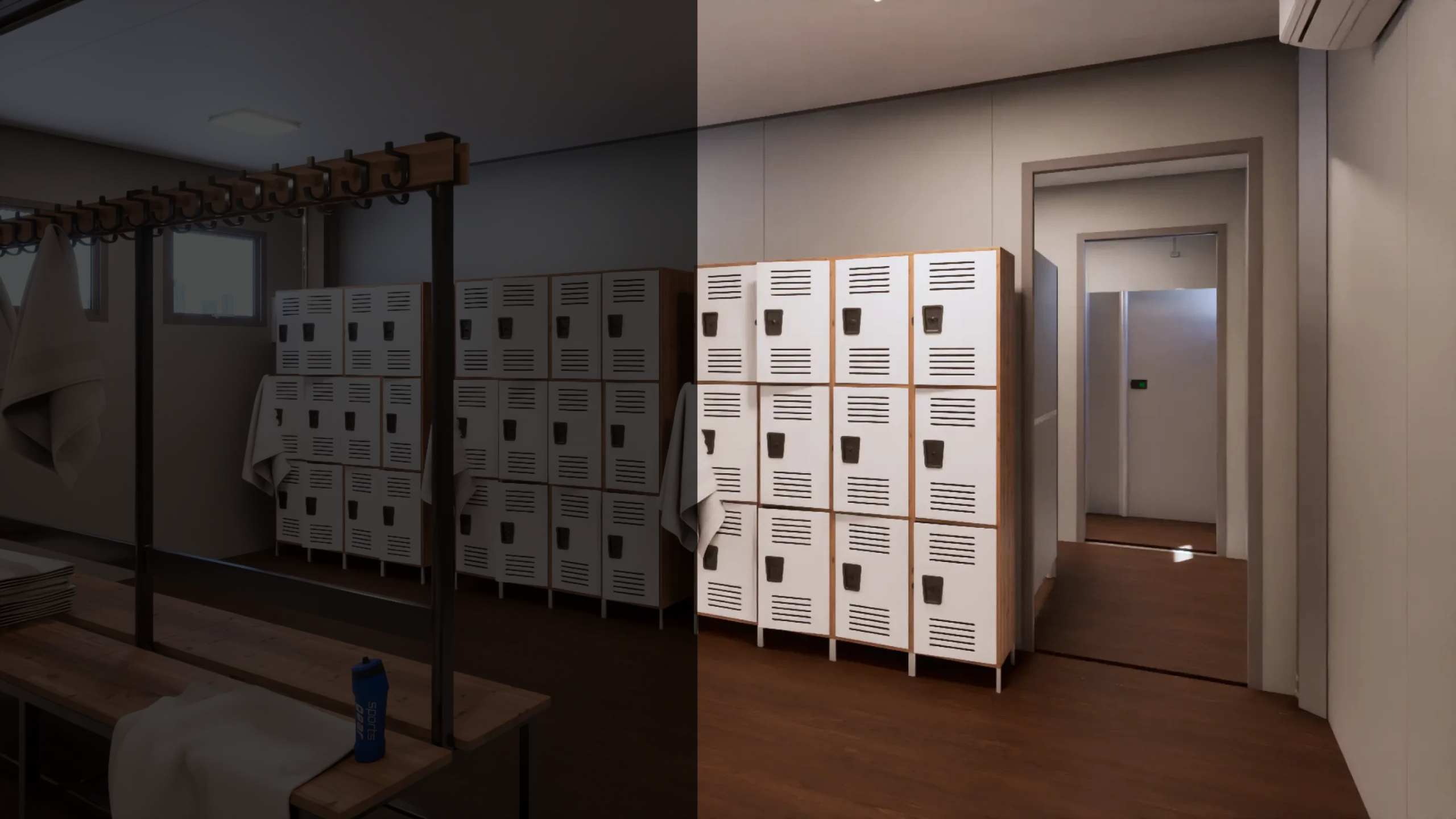 Interior de módulo vestiário. A cena iluminada exibe um bloco de armários numerados (1 a 5) com portas brancas, bancos cinzas inferiores, aparelho de ar-condicionado e ganchos com toalha