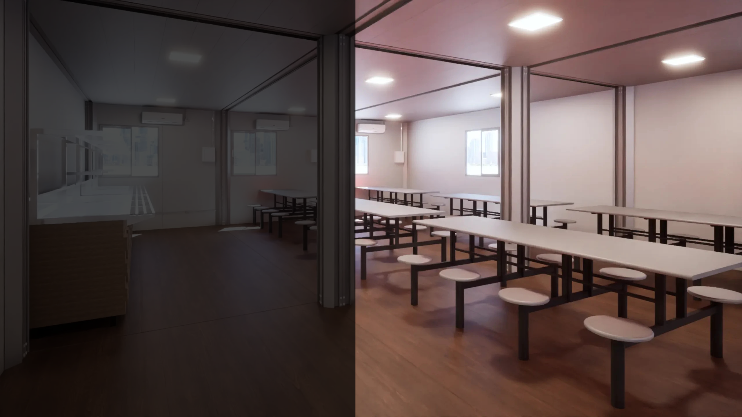 Amplo refeitório modular com mesas coletivas, piso amadeirado e sistema de climatização para canteiros de obras.
