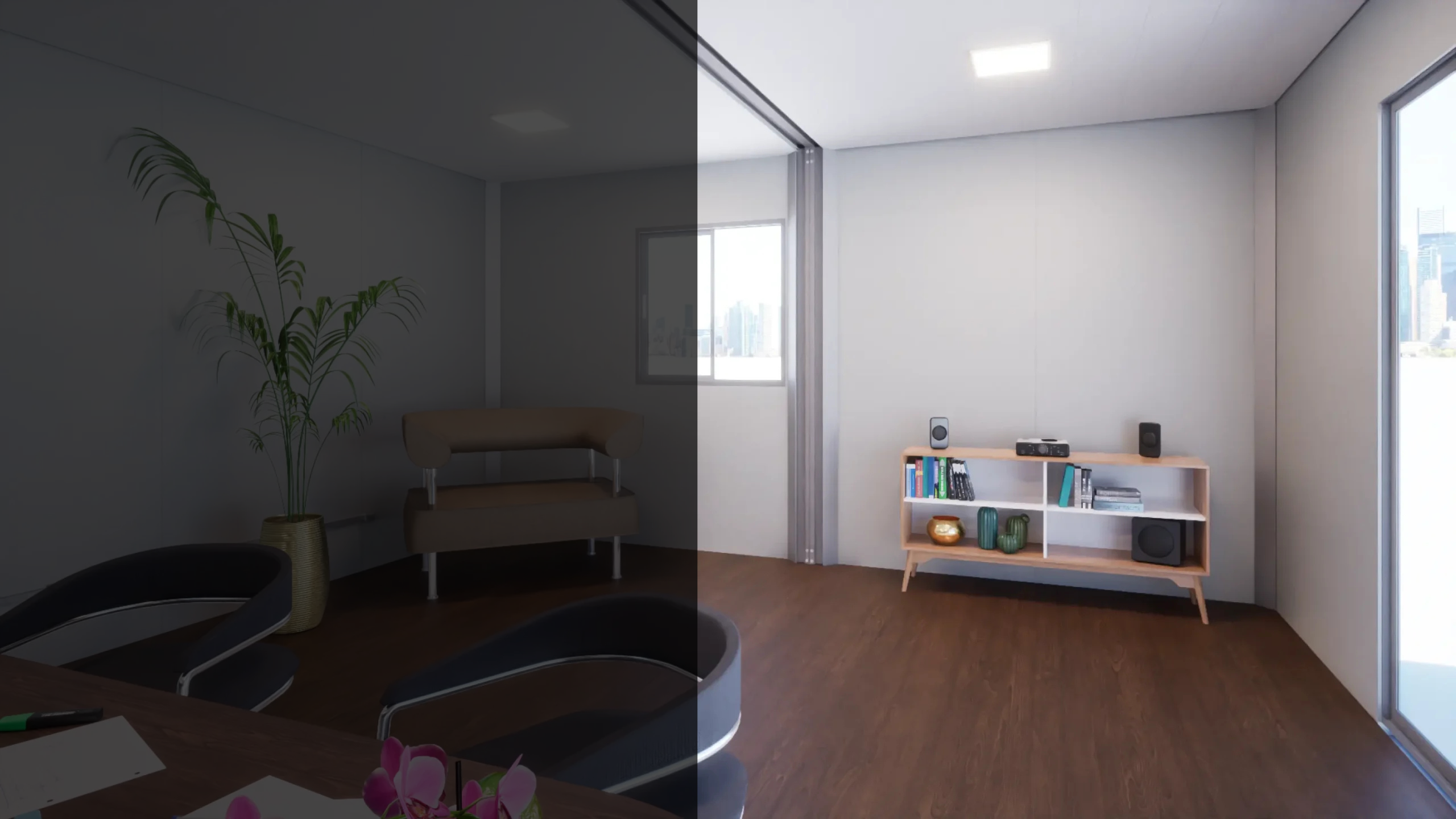 Interior de escritório modular com acabamento em piso amadeirado, mobiliário corporativo moderno e ampla iluminação natural.