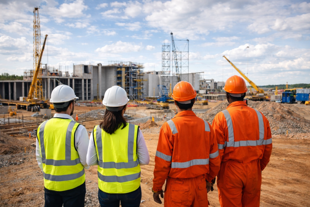 Visão panorâmica de um canteiro de obras com trabalhadores monitorando a operação de guindastes e a construção de estruturas de concreto.