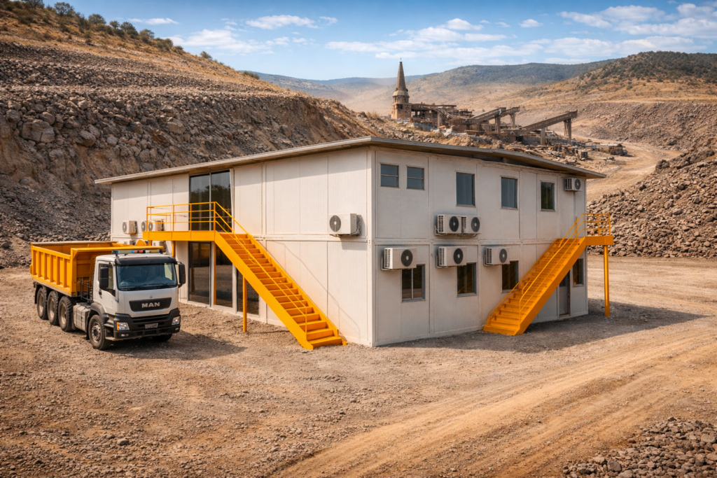 Escritório modular de dois andares instalado em uma área de mineração, com um caminhão basculante estacionado em frente e escadas de acesso externas.